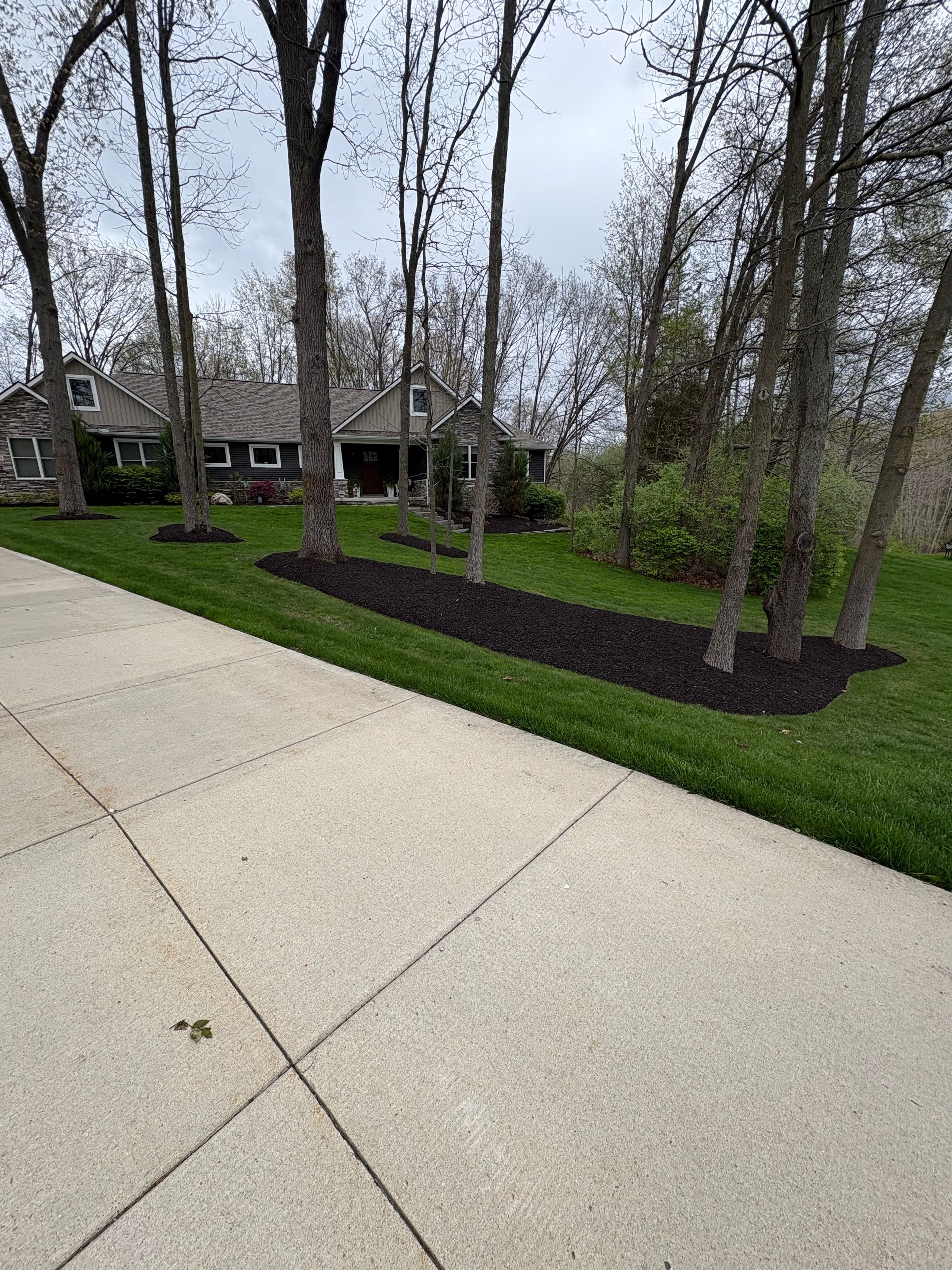 Black mulch beds lining the driveway with clean, defined edges throughout.